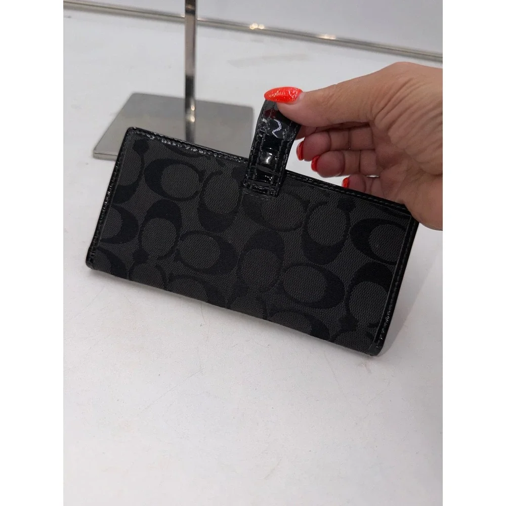 Coach Signature Jacquard Slim Bifold Wallet Black Patent Trim Snap Closure